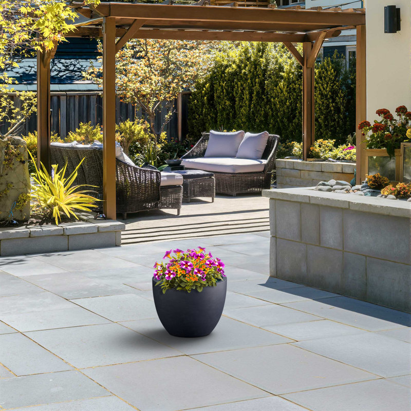 Large Concrete Round Planter / Pot With Drainage Holes, 10.63" H x 14.17" W x 14.17" D, Granite Gray (Upgraded Interior)