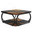 Table basse carrée de 39 po avec tablette de rangement à 2 niveaux de style campagne moderne, structure en métal robuste, brun rustique et noir, idéale pour le salon
