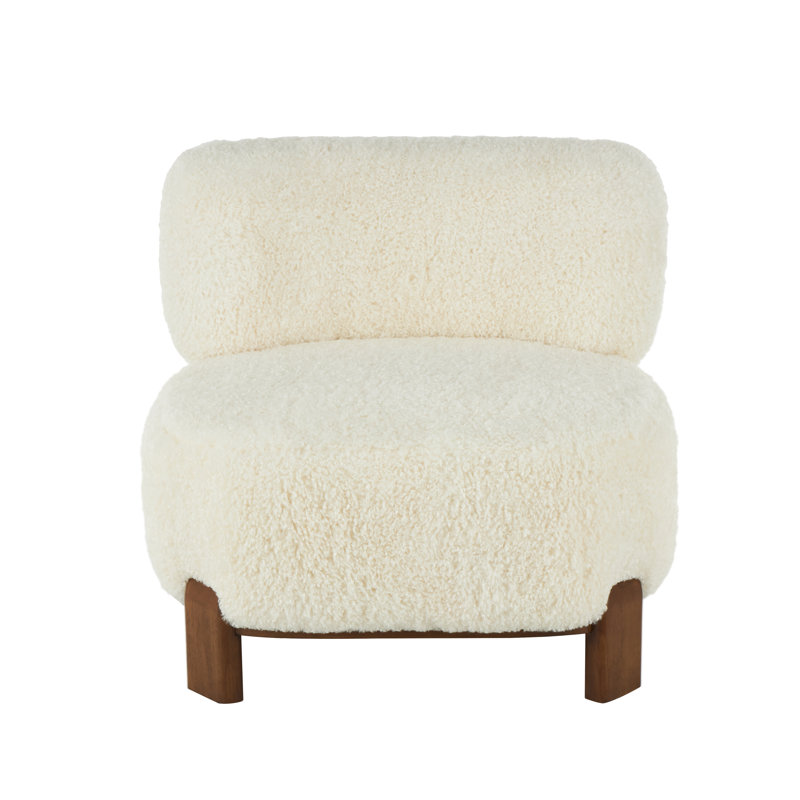 Polyester White Accent Chair with Brown Wooden Legs