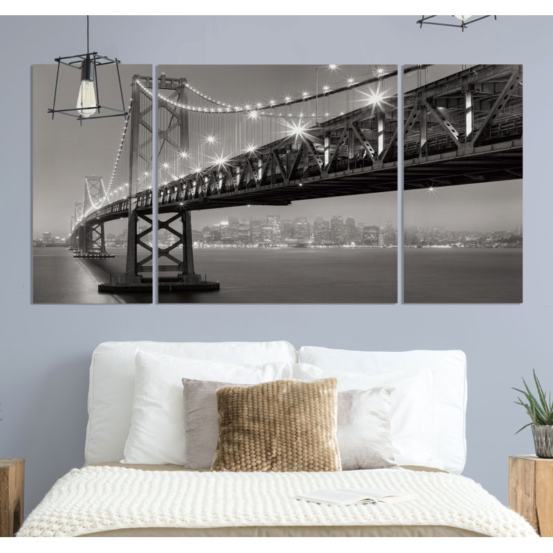 Bay Bridge at Night - 3 pièces, reproduction d'art sur toile, H 24 po x l 48 po x P 1,5 po