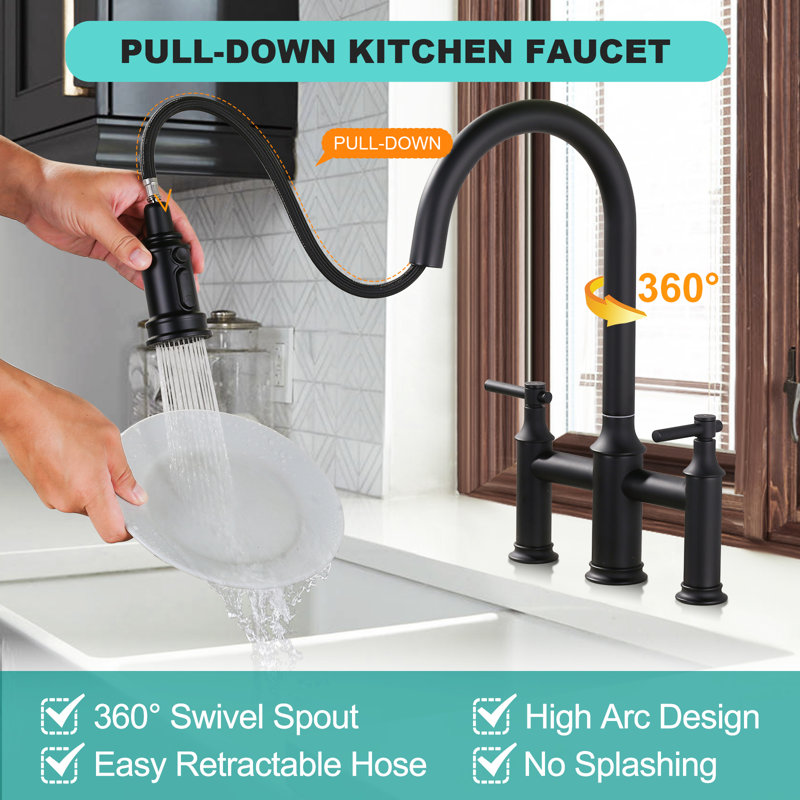 3 Holes 8 Inch Centerset Bridge Kitchen Faucet With Pull Down Sprayer, Matte Black