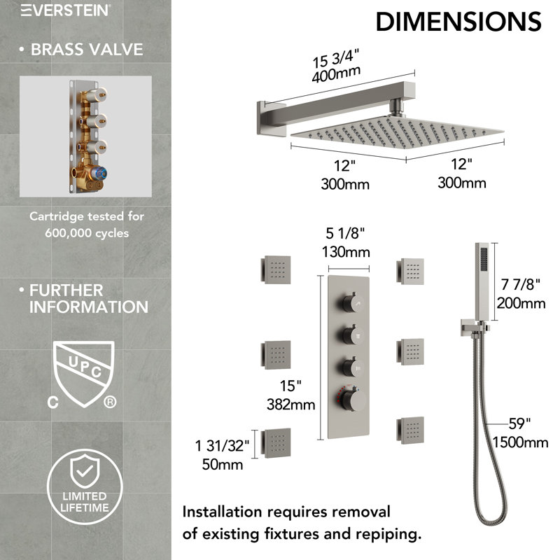 Thermostatic Shower System, 12" High-Pressure Rainfall Shower Faucet with Rough-in Valve, Brushed Nickel