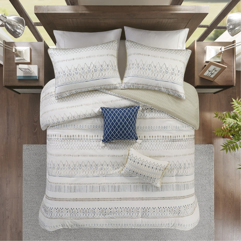 Ensemble d'édredon imprimé 5 pièces avec coussins décoratifs en taupe / bleu 5 pièces, Taupe / rayures bleues