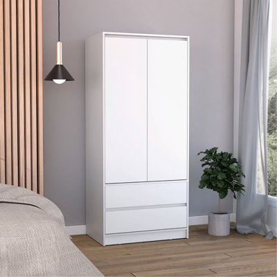 Armoire 2 tiroirs, porte double, tringle de suspension - blanc
