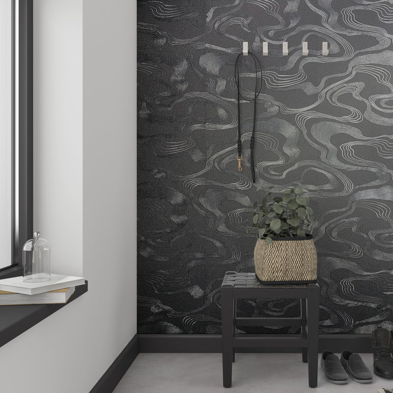 Kumano Pearlescent Abstract Flow Design Wallpaper Roll, Black