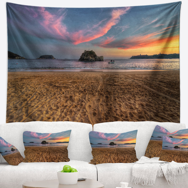Polyester trodden sable de mer au coucher de soleil tapisserie avec accessoires suspendu inclus, H 50 po x l 60 po