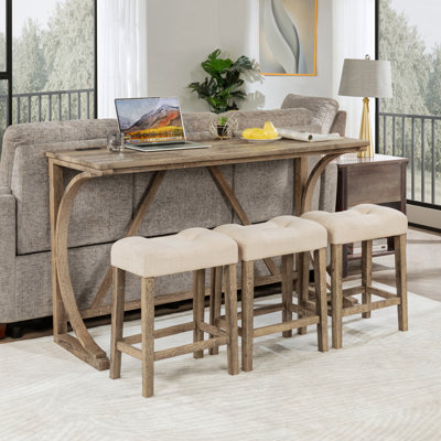 4-Piece Bar Table Set With Power Outlet And 3 Padded Stools
