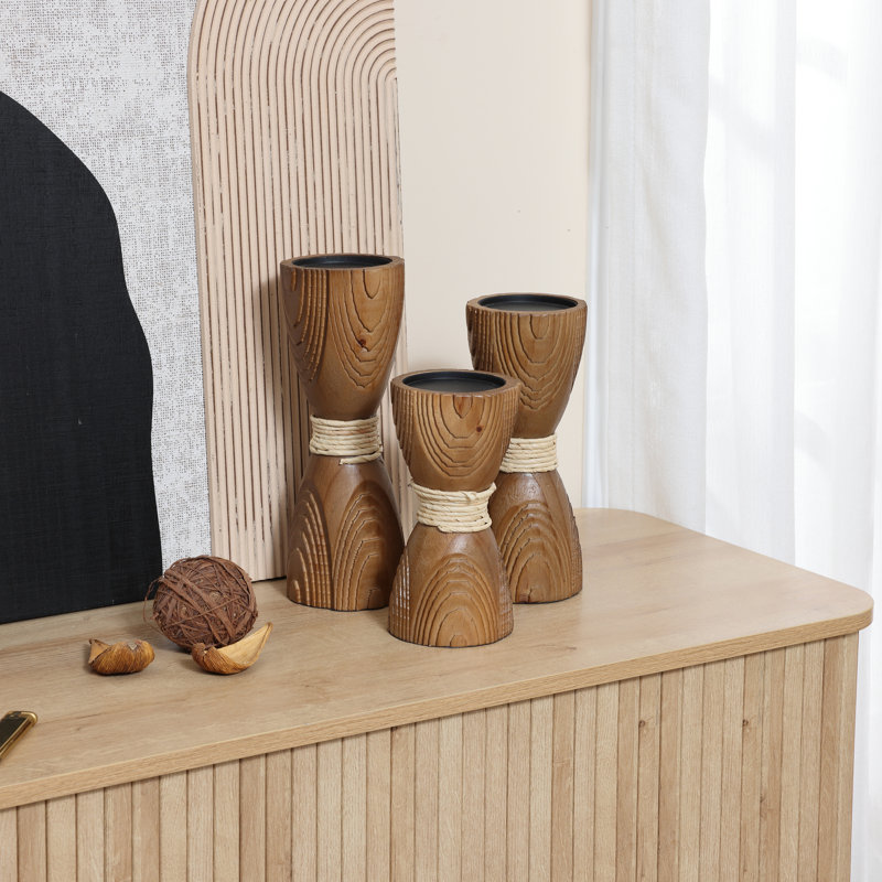 Rustic Wood Candle Holders Set of 3 with Rattan Detail, Farmhouse Decorative Pillar Candle Holders