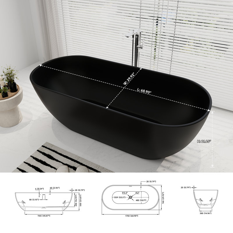 69'' x 29'' Freestanding Soaking Solid Surface Bathtub, Matte Black
