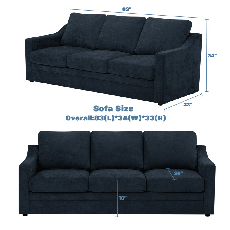 83"  Upholstered 3 Seater Sofa With Thicker Seat Cushions, Comfy Chenille Modern Couch With Wider Armrests For Living Room, Apartment