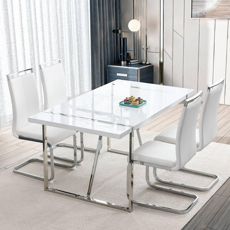 Dining Table Set For 4,White Rectangular MDF Kitchen Table And Leather Dining Chairs Set Of 4, 5 Piece Dining Table Set,Modern Metal Frame Dining Room Table Set 4 With Metal Frame For Kitchen