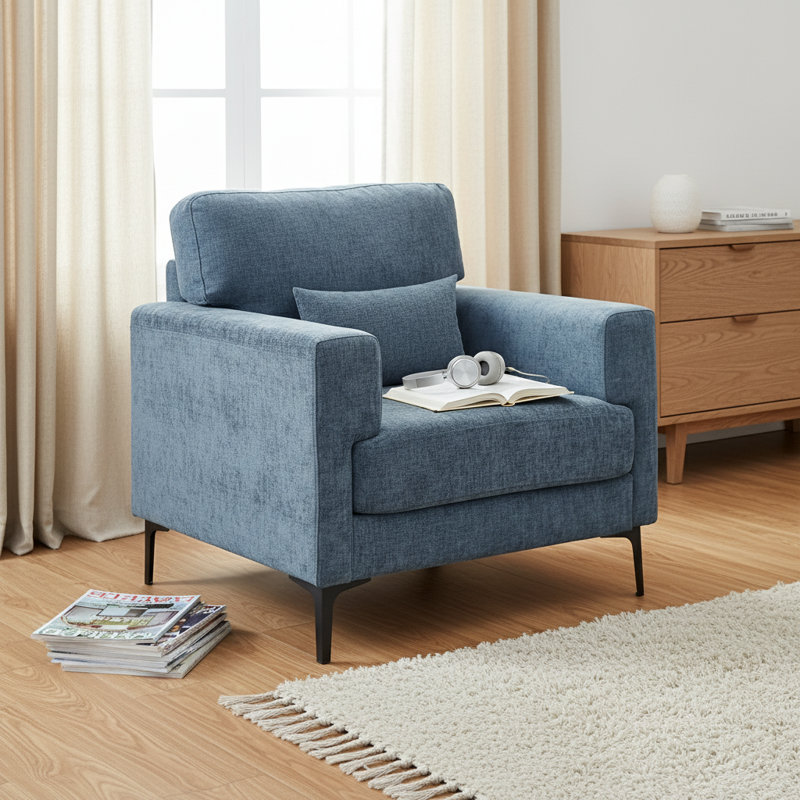 Fauteuil d'appoint surdimensionné avec pieds en métal, fauteuil et demi confortable, Bleu, 1
