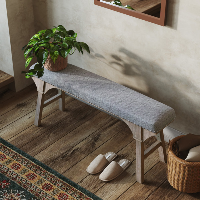 Rustic Upholstered Entryway Bench with Light Gray Chevron Fabric & Distressed Solid Wood Legs