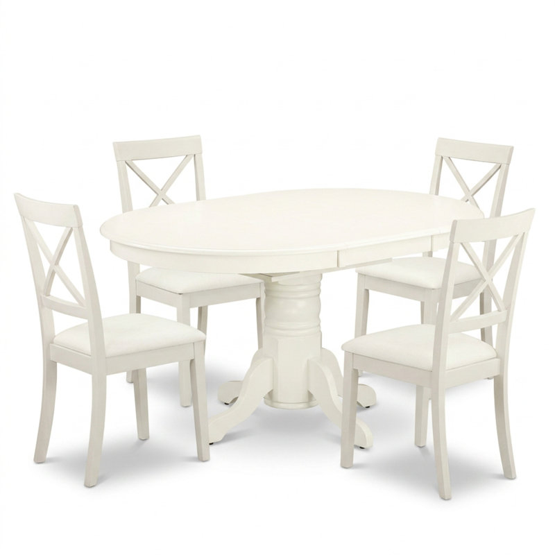 Ensemble de salle à manger ovale 5 pièces en hévéa massif blanc lin avec chaises à dossier croisé en forme de feuille de papillon et piètement central