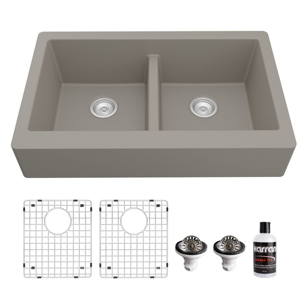Karran Quartz 34'' X 21-1/4'' Double Bowl 50/50 Retrofit Farmhouse/Apron Front Kitchen Sink Kit Karran 