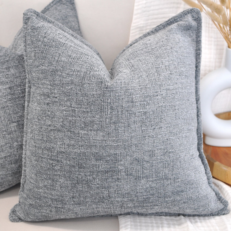 Gray Chenille Square Throw Pillow Covers with Piped Edges, Set of 2