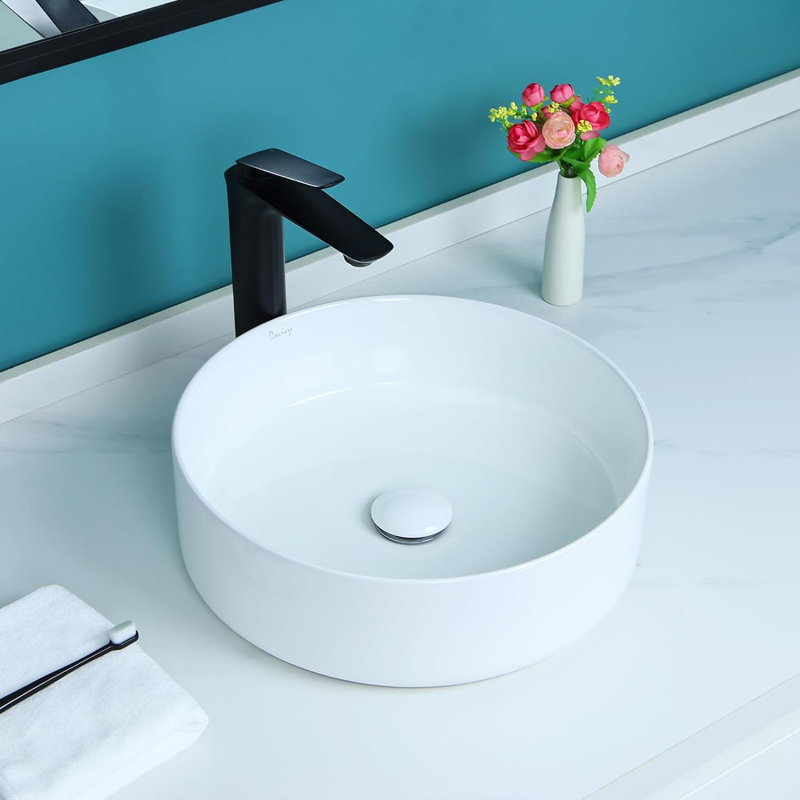 Lavabo de salle de bain vasque circulaire en céramique polie avec bonde escamotable 16 po Davivy