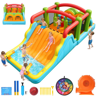 19.8' X 8.4' Inflatable Bounce House With Air Blower, Large Slide, Big Pool For Backyard Party