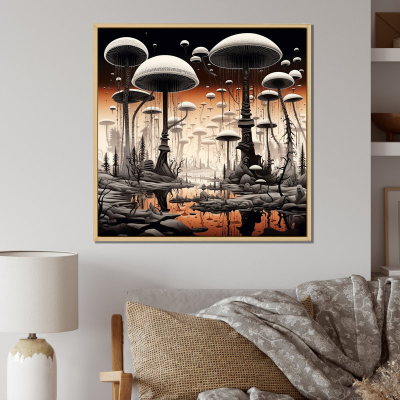 «Magic Mushroom Enchanted Forest Illustration I - Mushroom», reproduction sur toile, 24" H x 24" W, Gold Picture Framed