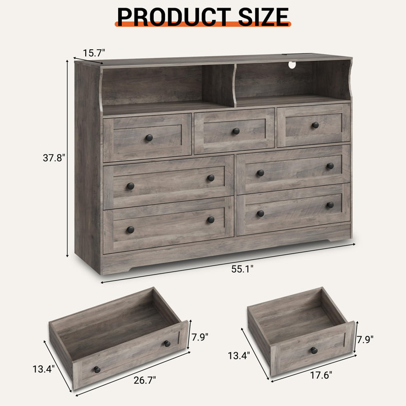 7 Drawer Dresser with LED Lights & Charging Station, Wood Storage Cabinet with Open Shelves for Bedroom, Gray