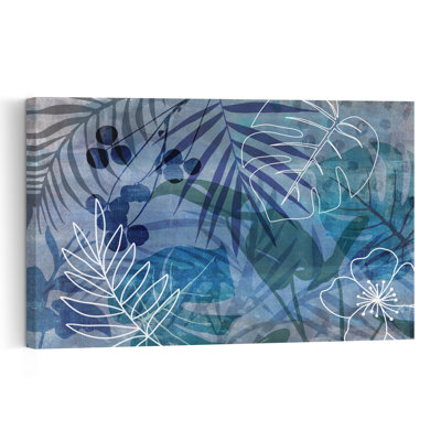 Impression d'art mural moderne et abstrait représentant un feuillage bleu tropical et une fleur de palmier vibrante.