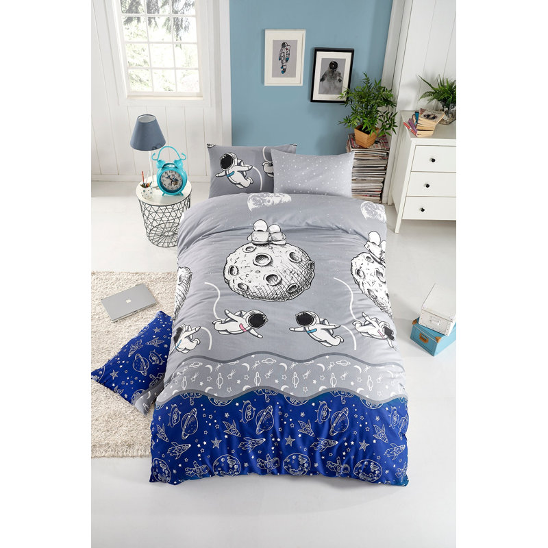Ensemble de housse de couette simple Premium, bleu / gris / blanc, 53,1 po x 78,7 po | 65% coton / 35% polyester, lavable à la machine, 120 fils, enveloppe et fermeture à boutons | Impression élégante de pigments pour les chambres confortables