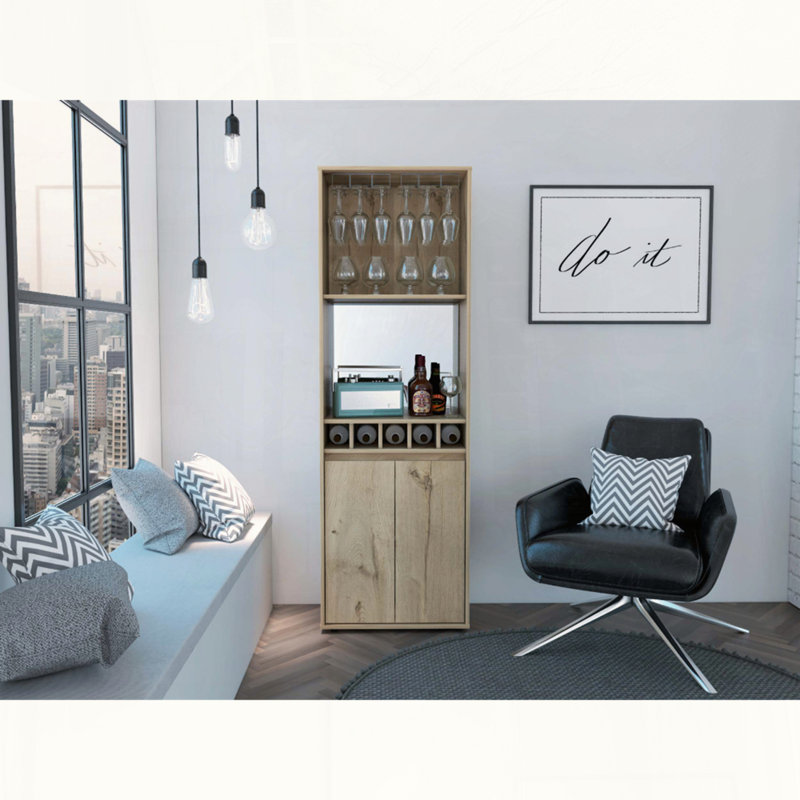 Light Oak 5-Bottle 2-Shelf Bar Cabinet