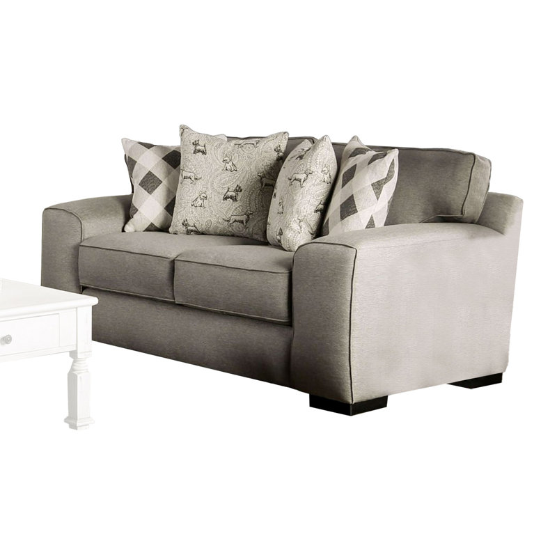 Causeuse Edison, tissu gris, 4 coussins décoratifs, accoudoirs fins, 75 po