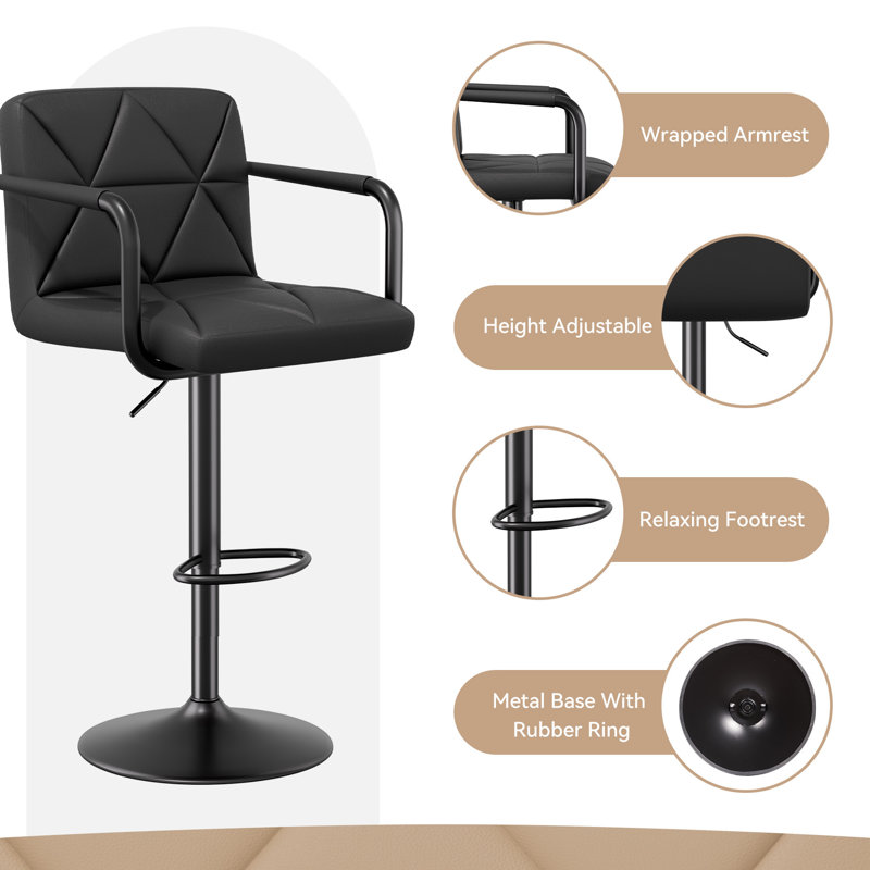 Upholstered Adjustable Height Counter Stool with Metal Frame, Black