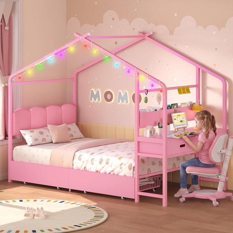 Lit plateforme simple avec bureau, rangement et lumières DEL, rose, Twin, Pink