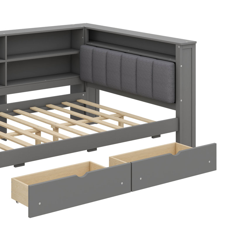 Lit plateforme double en bois avec rangement, station de charge, lumière DEL, bureau et tête de lit tapissier, gris