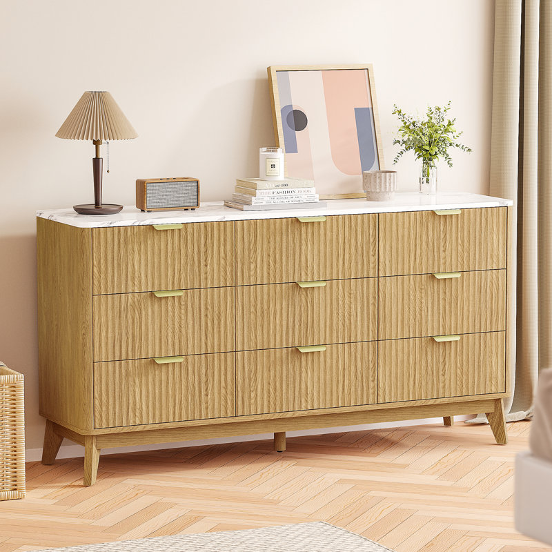 57" Wooden Buffet Cabinet With Faux Marble Top & Fluted Chest Of Drawers With Curved Edges, 57"