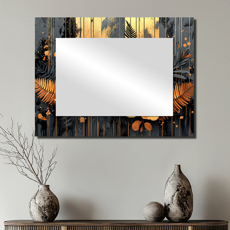 Modern Golden Ferns Into The Forest II - Floral Mirror Wall Art - Printed On Metal, 24" x 32"