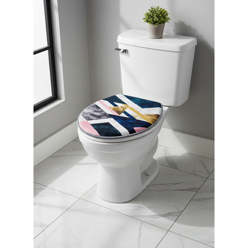Modern Navy & Blush Geometric 3-Piece Bathroom Rug Set: Gold-Accented Abstract Non-Slip Bath Mat, Rug, and Lid Cover