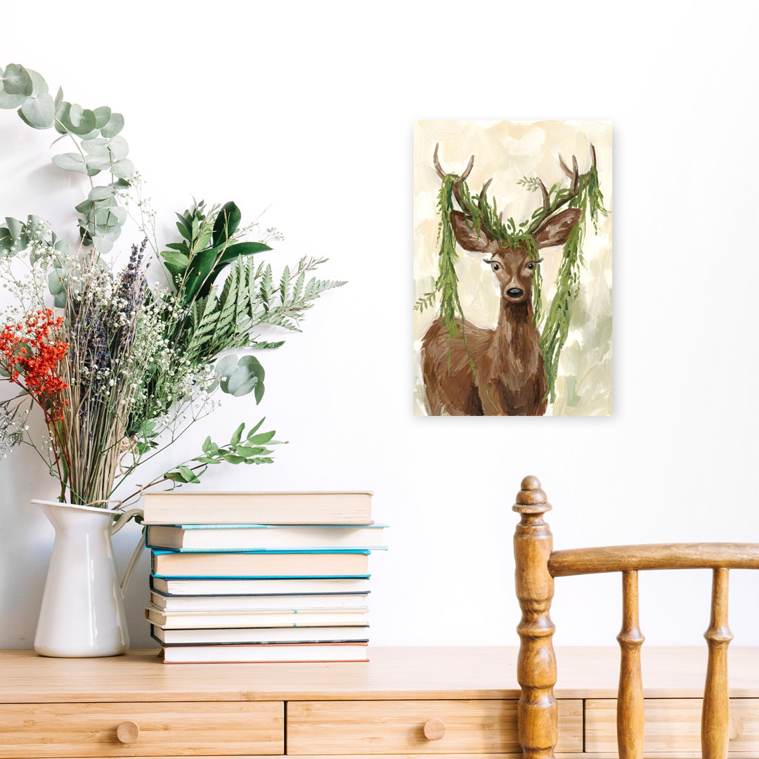 Deer With Maple Leaves Contemporary Bear Deer Dog Forest Wall Art Print