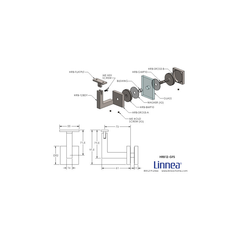 Glass Mount Handrail Bracket with Square Rose and Flat Plate, Polish Stainless Steel
