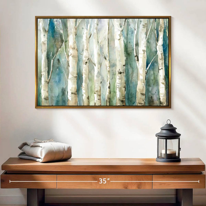 Birch River Walk, 25 po x 17 po, Cadre flottant doré