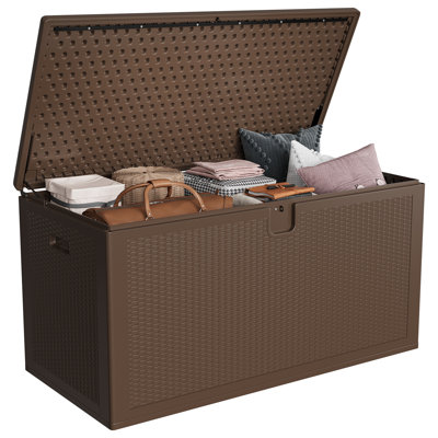 150 Gallon Large Resin Outdoor Storage Deck Box – Waterproof & Weatherproof Patio Storage Bench – Lockable Lid, UV Resistant, Tool-Complimentary Setup – Ideal for Garden, Porch, Backyard
