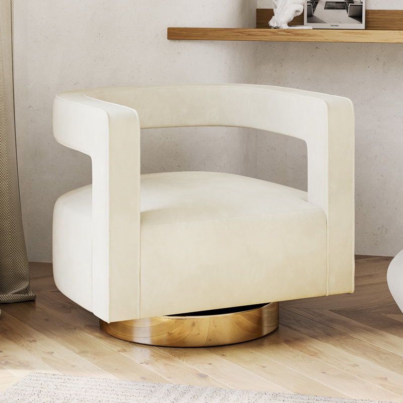 Keegan Upholstered Swivel Barrel Chair, Ivory Velvet, Gold