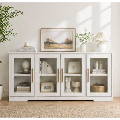  66" W Modern Sideboard Buffet Cabinet with Glass Doors & Adjustable Shelves
