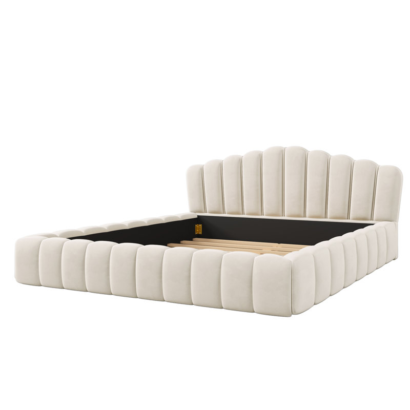 Queen Size Upholstered Tufted Bed With Headboard, Beige