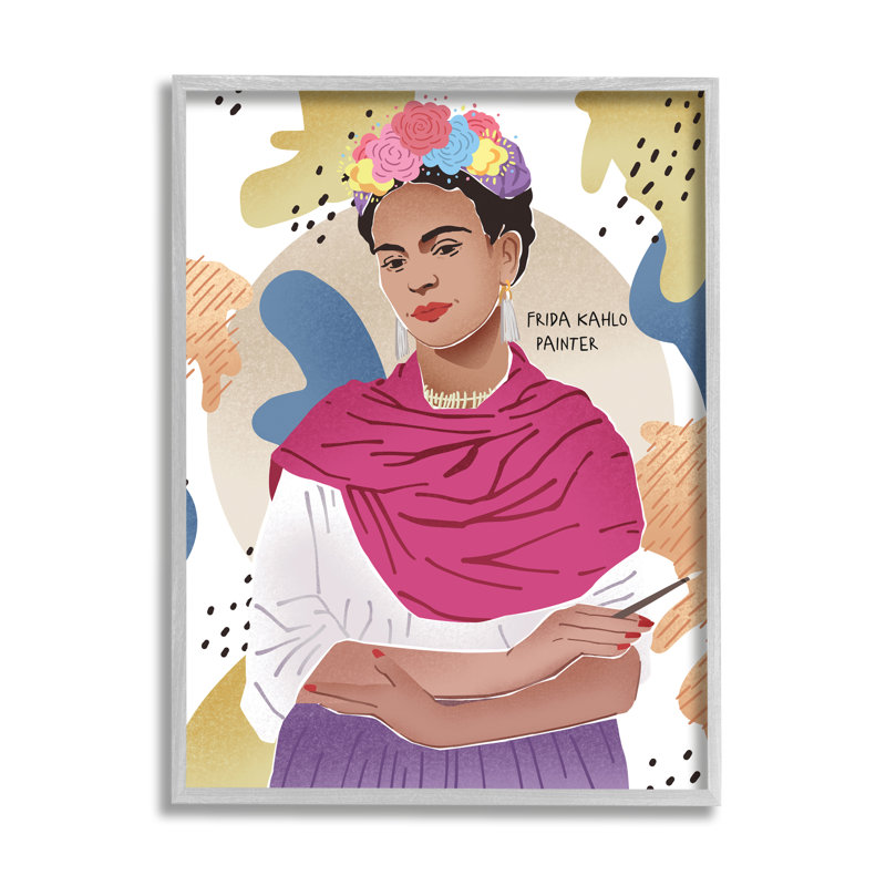 " Frida Posing with Paint Brush Abstract Round Pattern " Graphic Art Print, 14" H x 11" W, Farmhouse Gray Framed Giclee