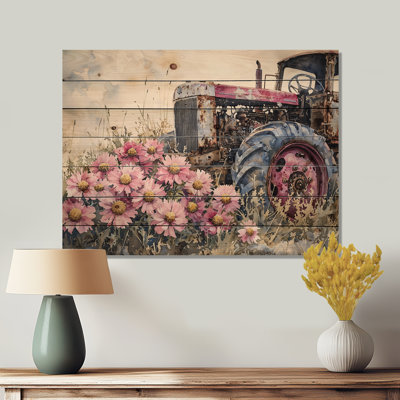 «Daisies By The Farm Tractor II» - Décoration murale marguerites en bois - sur bois de pin naturel