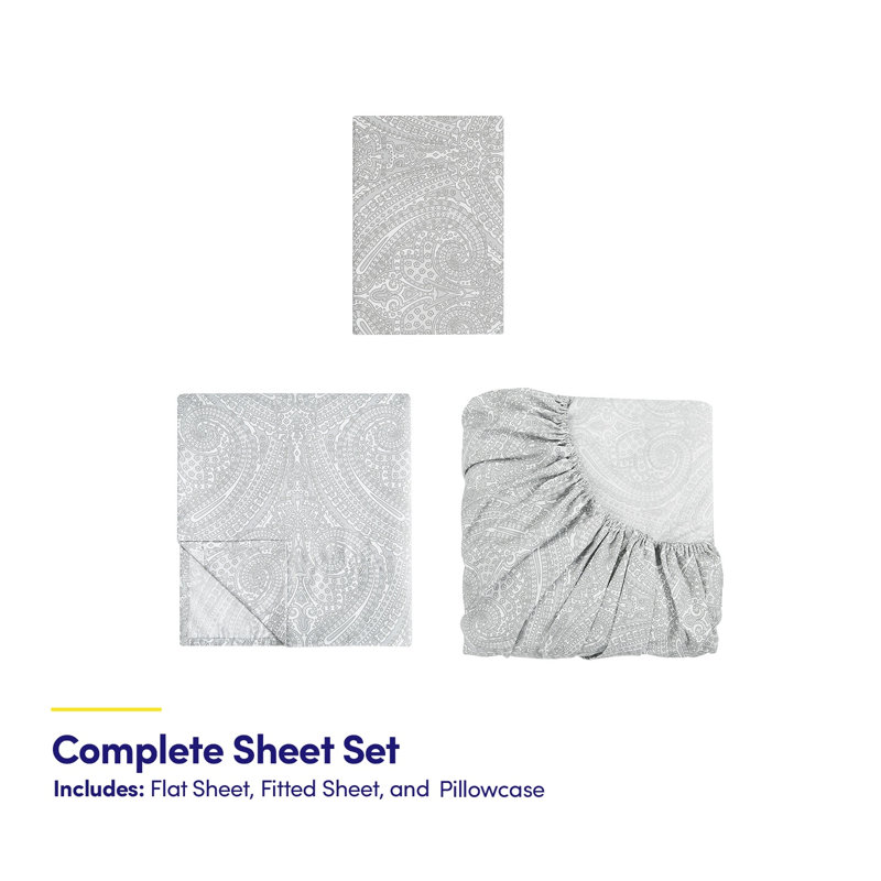 Microfiber Paisley Sheet Set, Gray, Twin Sheet Set with 1 Pillowcase