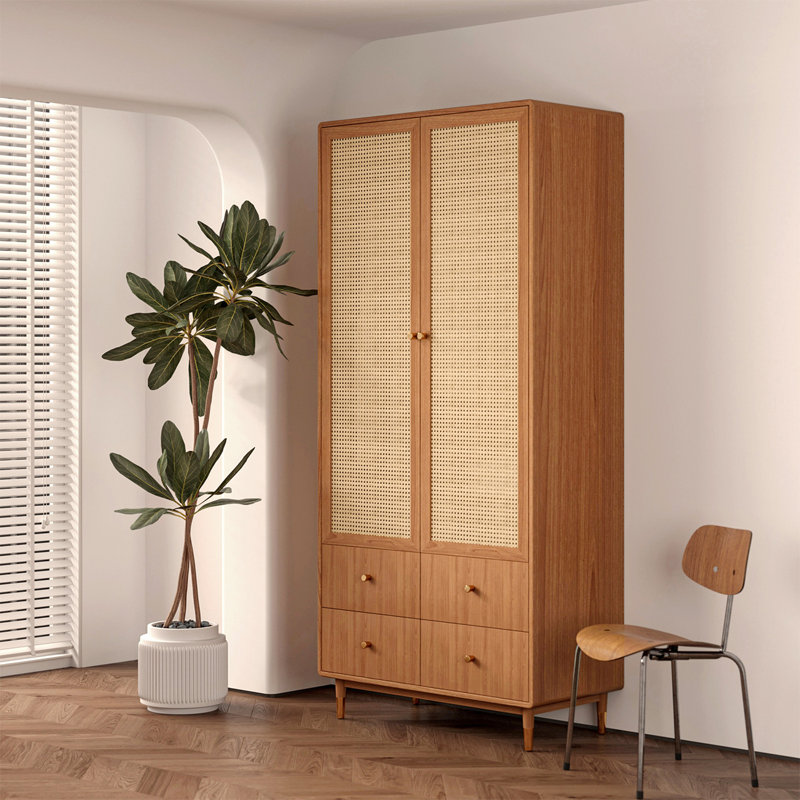 Armoire en bois et rotin avec tiroirs, H 79 po x l 31 po x P 19 po