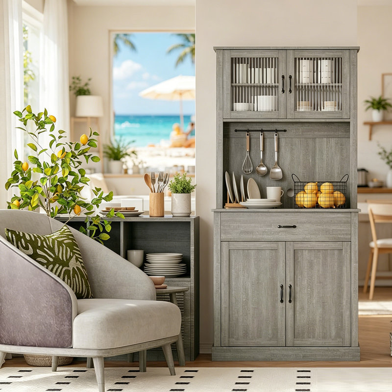 70.9" Tall Kitchen Pantry Cabinet, Freestanding Storage Hutch with a Built-in Microwave Stand, Adjustable Shelves, and Elegant Glass Doors. Perfect for the Kitchen, Dining Room, or Home Serving Area .