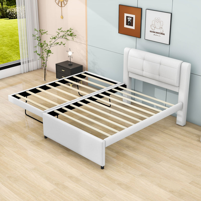 Lit plateforme double tapissier en bois avec lit gigogne et tête de lit, Beige