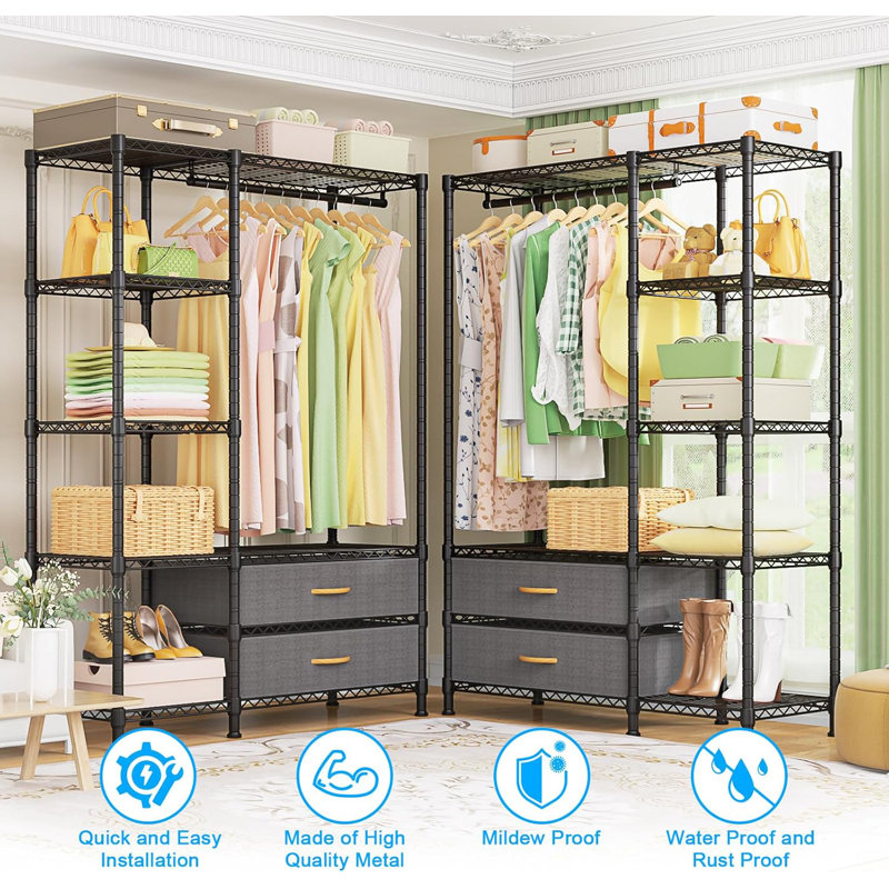 Black Portable Steel Closet System with Fabric Drawers