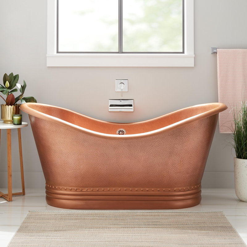 Paige 66" Copper Double Slipper Pedestal Tub with Pre-Drilled Overflow and Rolled Rim - Less Drain, Antique Copper Patina