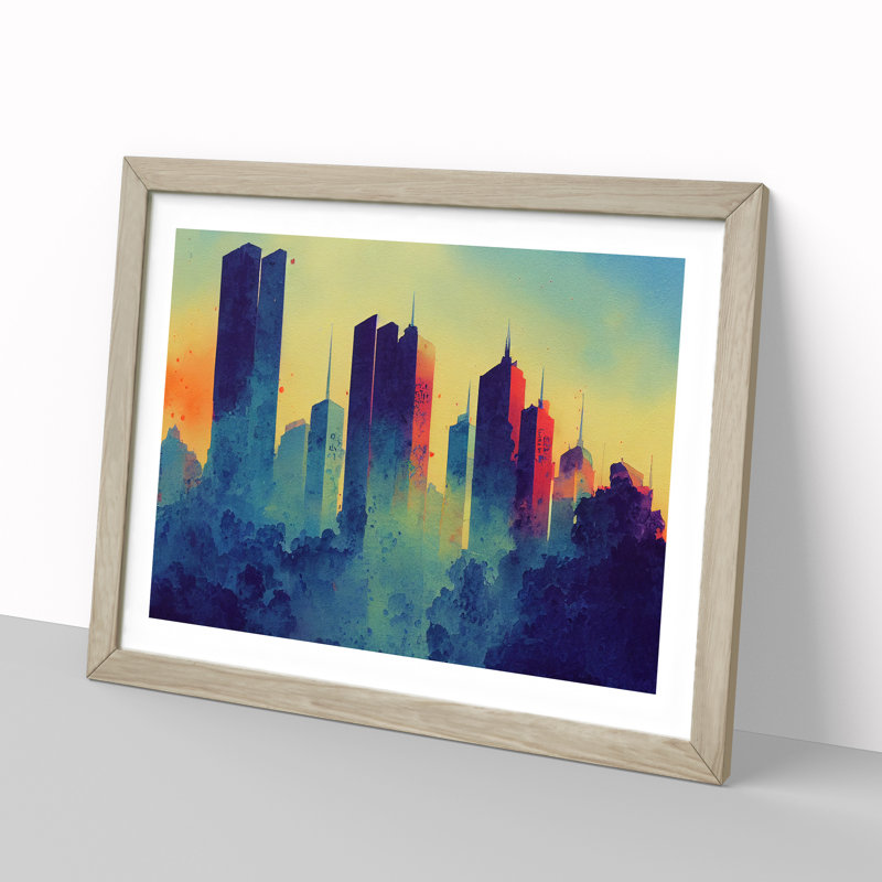Watercolour Skyscraper Skyline Vol.3 Abstract 1 Piece Single Picture Frame Wall Art, 34cm H x 46cm W, Grey